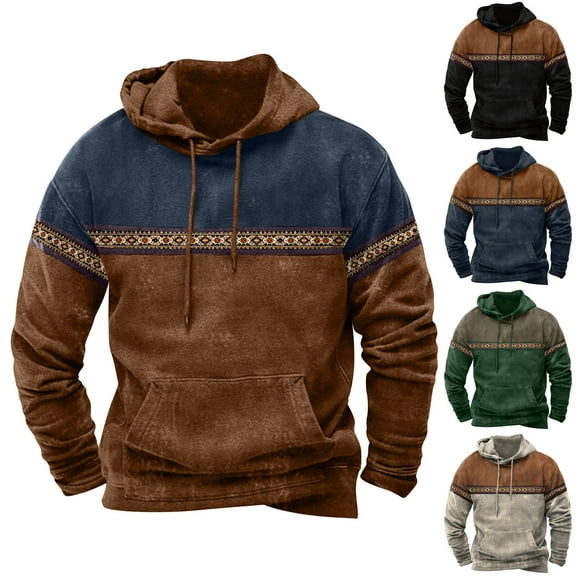 Miluxas Hoodies for Men Western Cowboy Hooded Sweatshirt Fashion Print Graphic Hoodie Outdoor Workout Pullover with Pocket Navy