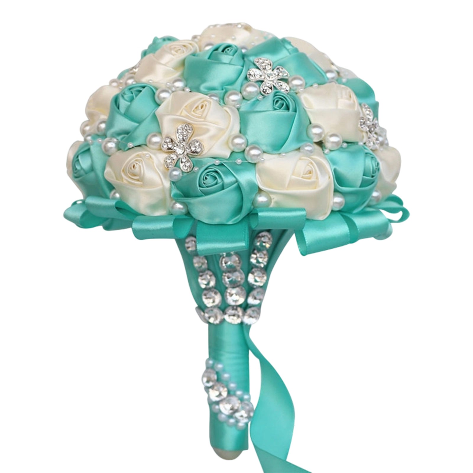 Royal Bridal Bouquet Handmade with Satin Roses & Pearls - Wedding Bouquet Holder for Bride and Bridesmaids, Rhinestone Wedding Flower Arrangements in Ivory White