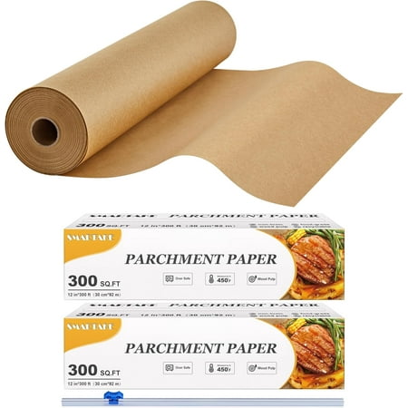 pupikeji Parchment Paper Roll for Baking, 2-Pack of 12 in x 300 ft, 600 sq.ft, Non-Stick Baking Paper Sheets with Slide Cutter, Heavy Duty Extra Long, for Kitchen Baking Cooking Grilling, Unbleached