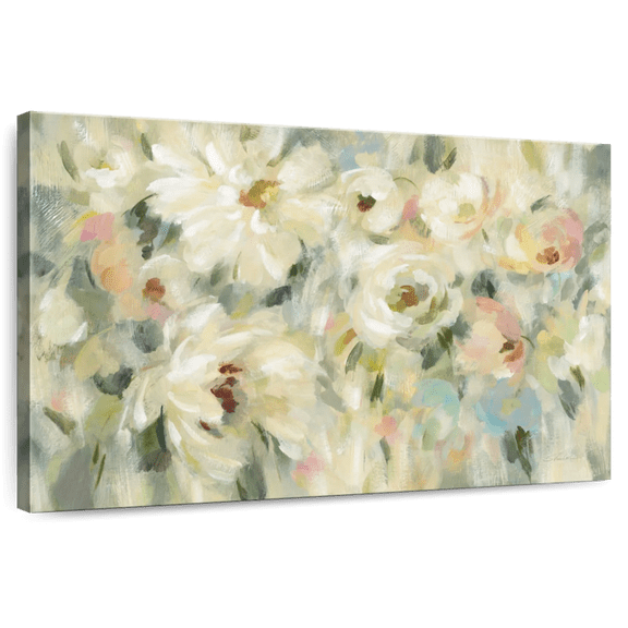 Elephant Stock Expressive Pale Floral Wall Art - Horizontal Canvas Wall Art - Living Room Wall Decor - Abstract Canvas - Green And Pink Decor By Silvia Vassileva - 12" x 8"