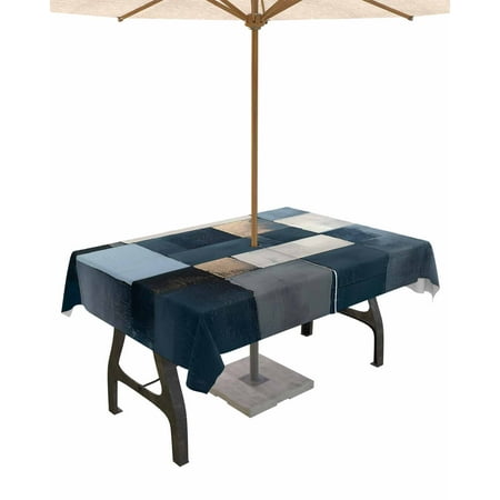 

Outdoor Tablecloth with Umbrella Hole & Zipper Blue Gray Beige Rectangle Tablecloth 52x70 Inch Modern Abstract Geometric Striped Art Patio Table Cover Waterproof Table Cloth for Picnic/Party