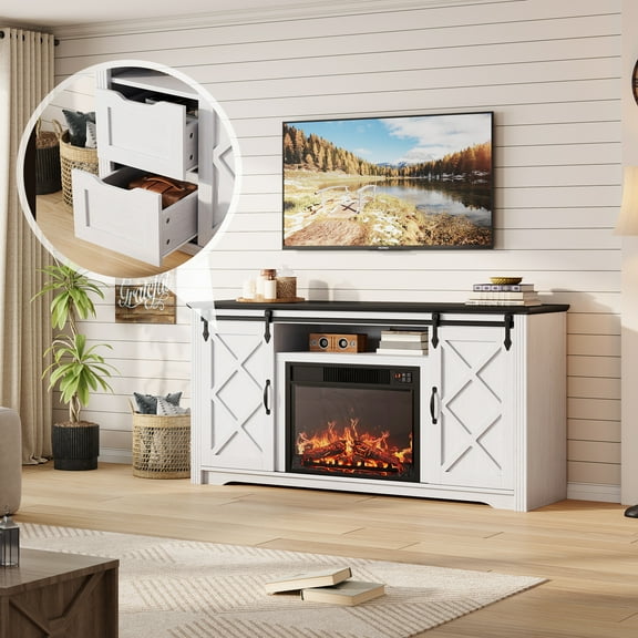 Sesslife Fireplace TV Stand for 65" TVs, Farmhouse TV Console Table with 2 Sliding Barn Doors, Entertainment Center TV Cabinet with 23" Fireplace and Adjustable Shelves, Gray Wash