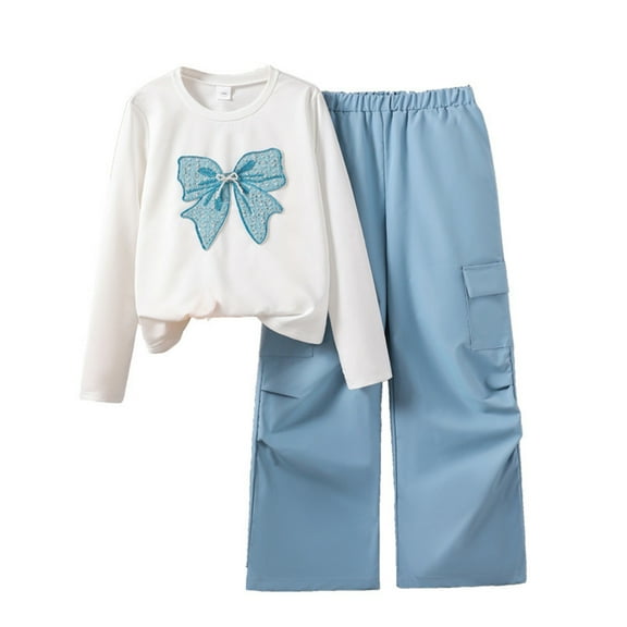 Byoo Big Girls Outfits Bow Print Casual Sweatshirt Cargo Pants Kids Fall Clothing Set