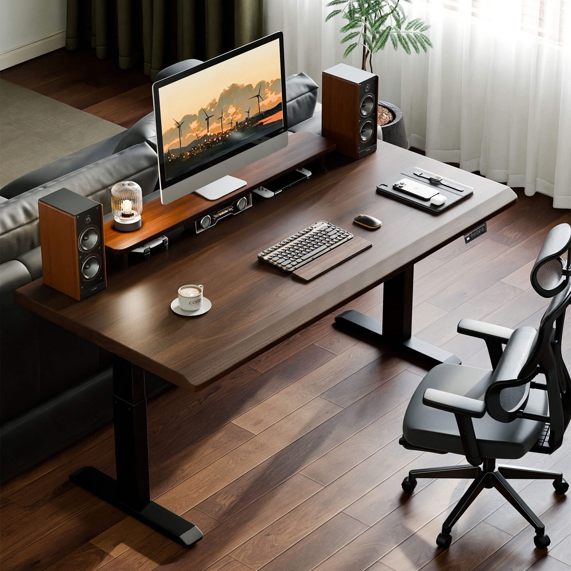 MAYEERTY Electric Height Adjustable Standing Desk, Solid Rubberwood Sit Computer Desk with Single Motor, for Home Office, Study and Gaming