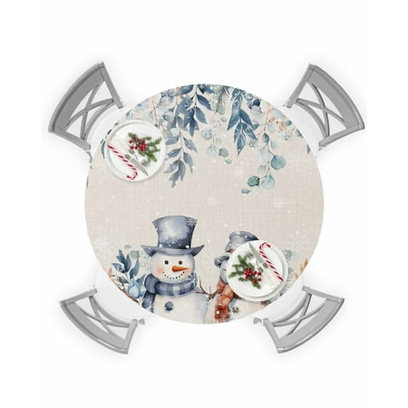 

Round Tablecloth with Elastic Blue Christmas Snowman Gift Flower Holly Eucalyptus Linen Waterproof Table Cover Wipeable Fitted Table Cloths for 36 -44 Round Tables Dining Kitchen Indoor Outdoor Use
