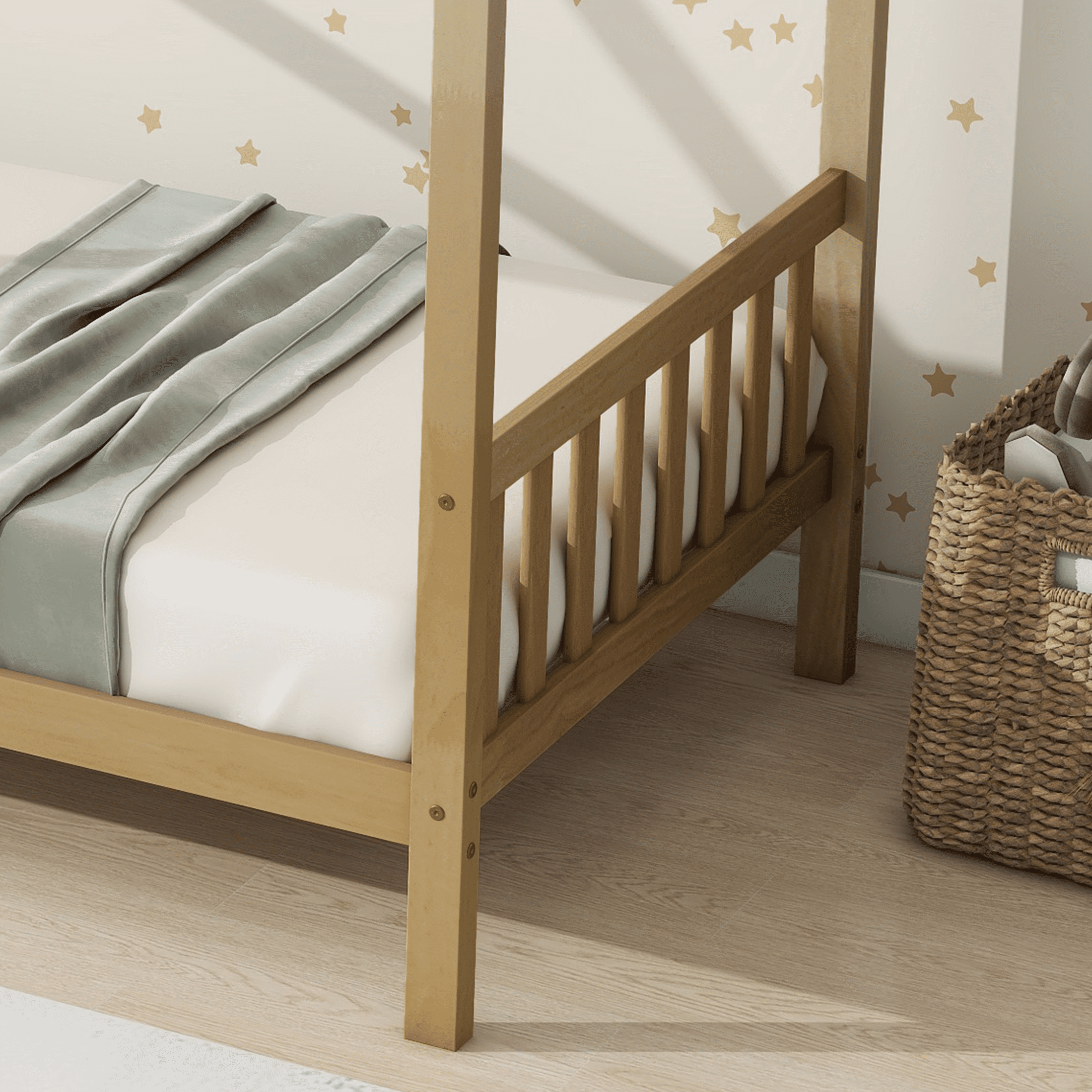 SESSLIFE House Bed with Fence, Wood House Bed, Floor Bed Frame, Twin Canopy Bed for Bedroom, No Box Spring Needed (Natural)