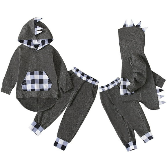 Baby Dinosaur Outfits 3D Plaid Long Sleeve Hoodie Jogger Pant Sets 2 Piece Fall Winter Baby Boy Girl Clothes (12-18 Months, Gray)