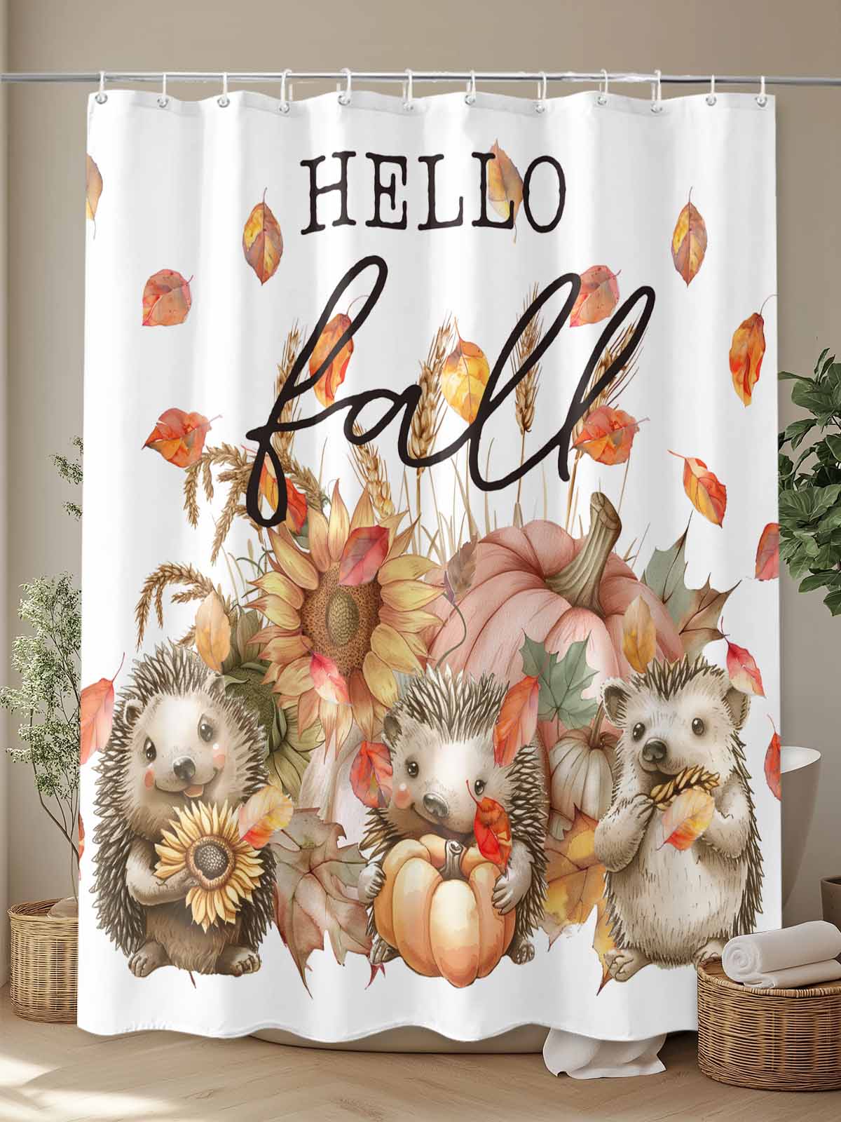 Hello Fall Shower Curtain Set, Waterproof Shower Curtains for Bathroom, Hedgehog Pumpkins Maple Leaf Washable Fabric Cloth Bath Curtain for Bathtub Decoration with Hooks 72x78 Inches