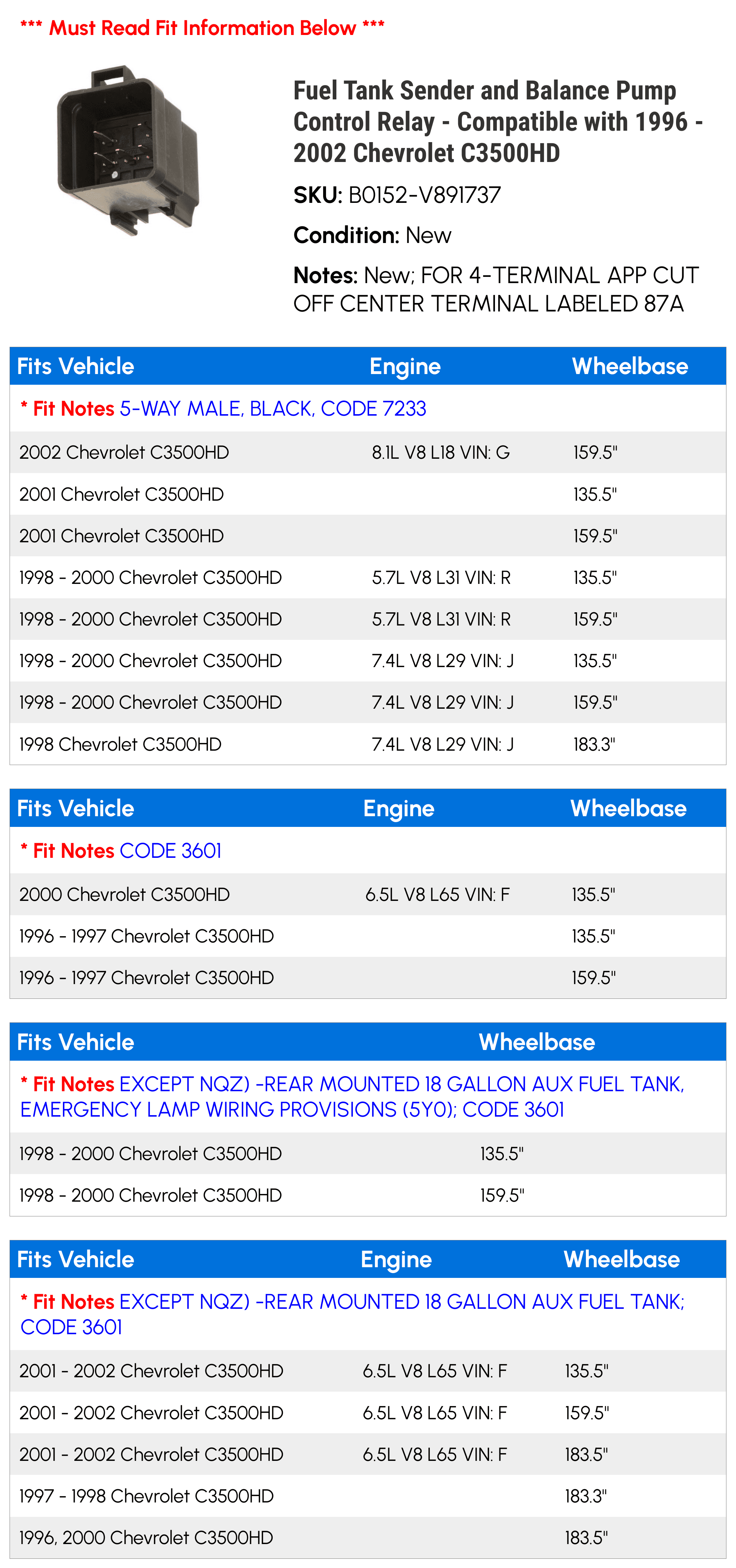 Fuel Tank Sender and Balance Pump Control Relay - Compatible with 1996 - 2002 Chevy C3500HD 1997 1998 1999 2000 2001