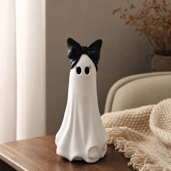 Ghost Tabletop Decoration with Black Bow, White Resin Ghost Figurine, Indoor Mantel Shelf Halloween Seasonal Ornament