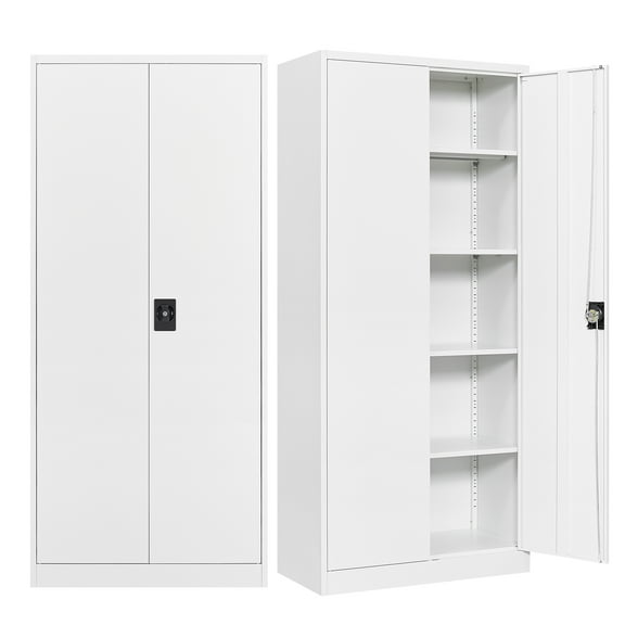 Fesbos Metal Garage Storage Cabinet,71" H Tall White Cabinet with 2 Doors and 4 Adjustbale Shelves,Lockable Tool Cabinet for Garage, Basement, Home Office