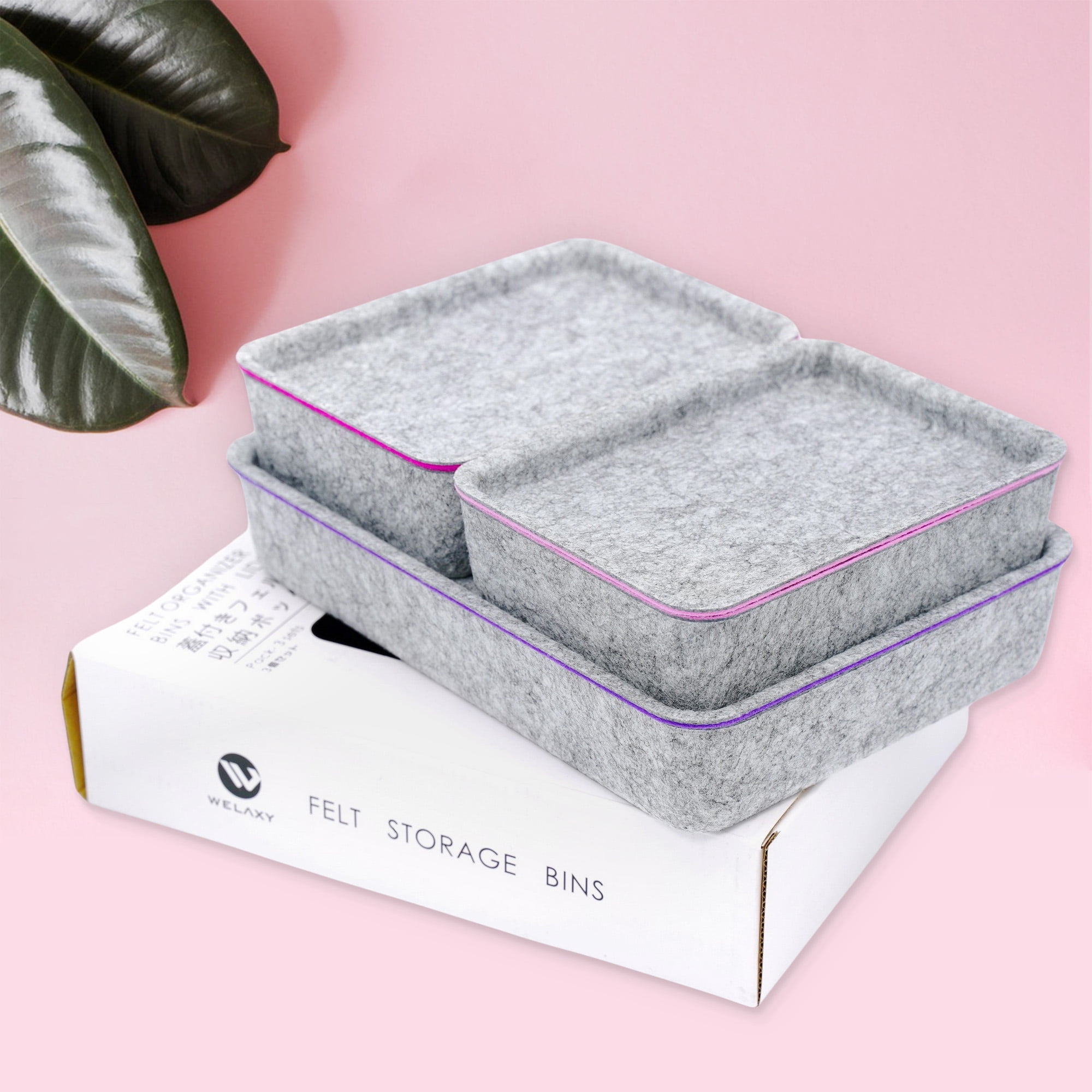 Welaxy Lidded Felt Drawer Organizer Trays with lids Desktop Organizer Bins Storage box for crafts office supplies pen Junk Makeup Stationery Organize 3-Pack (light pink + hot pink + purple)