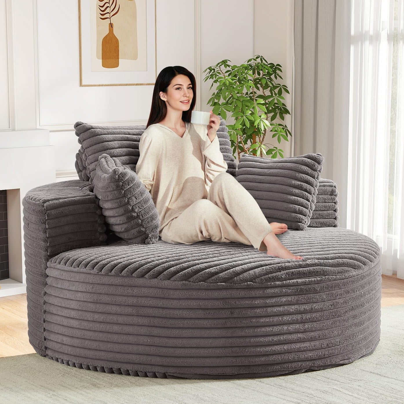 Aukfa 55" Oversized Round Chaise Lounge Chair Indoor, Corduroy Upholstered Sleeper Chair with Deep Seat & Pillows, Gray