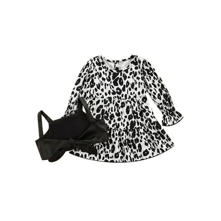 

Sunisery Infant Toddler Baby Girls Long Lantern Sleeve Leopard Print Dress with Leather Vest Fall Winter Clothes White 6-12 Months
