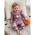thumbnail image 4 of RUINIXCW Newborn Baby Girls My First Halloween Outfit Fall Winter Clothes Funny Letter Pumpkin Ghost Embroidery Ribbed Long Sleeve Romper and Pants Headband Set, 4 of 9