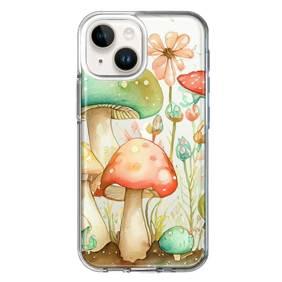 MUNDAZE Case for Apple iPhone 15 Plus Hybrid Shockproof Slim Hard Soft TPU Shell Heavy Duty Protective Phone Cover - Fairy Tale Watercolor Mushrooms Pastel Spring Flowers Floral