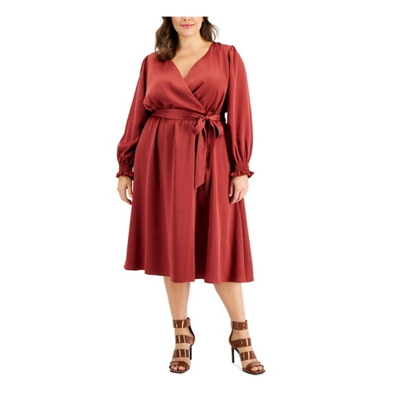 TAYLOR Womens Brown Tie Smocked Pullover Elastic Waist Long Sleeve Surplice Neckline Midi Wear To Work Faux Wrap Dress Plus 16W