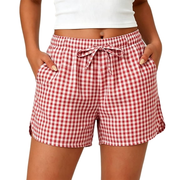 Tumotour Summer Board Shorts for Women'S Checkered Double Pocket Wide-Leg Shorts Loose Sporty Elasticated Side Pocket Drawstring Elastic Waist Shorts Athletic Workout Shorts