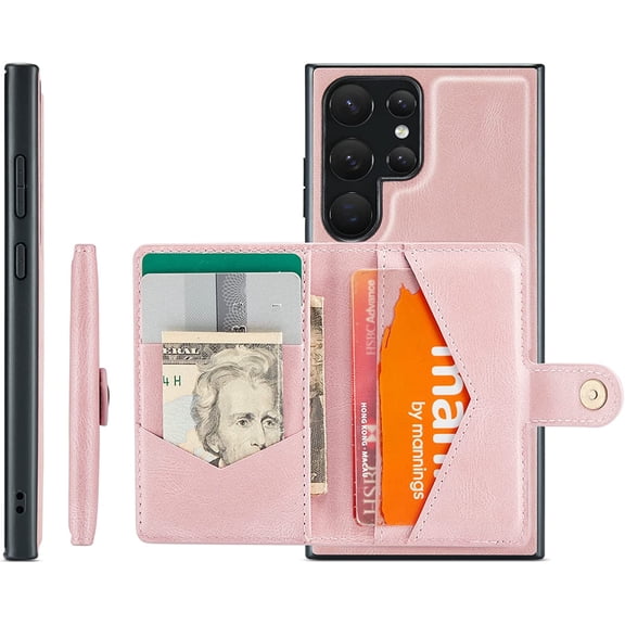 Compatible with Samsung Galaxy S23 Ultra Wallet Case Leather Magnetic Detachable Shockproof Kickstand Case-Pink