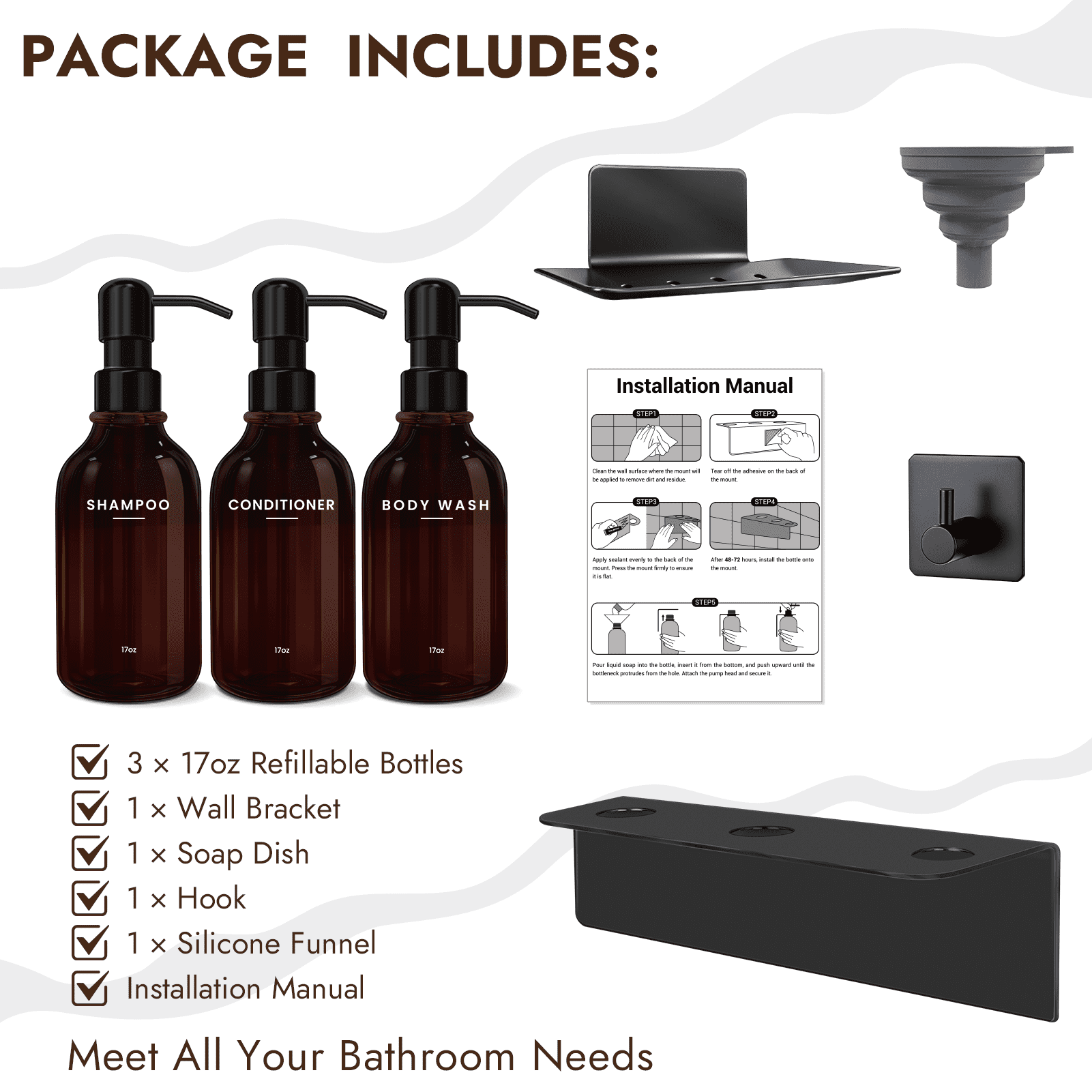Nurforta Shampoo and Conditioner Dispenser - Shower Soap Dispenser Wall Mounted - 17 fl oz Set of 3 Brown Plastic Bottles with Stainless Steel Pumps & No-Drill Adhesive Holders for Bathroom