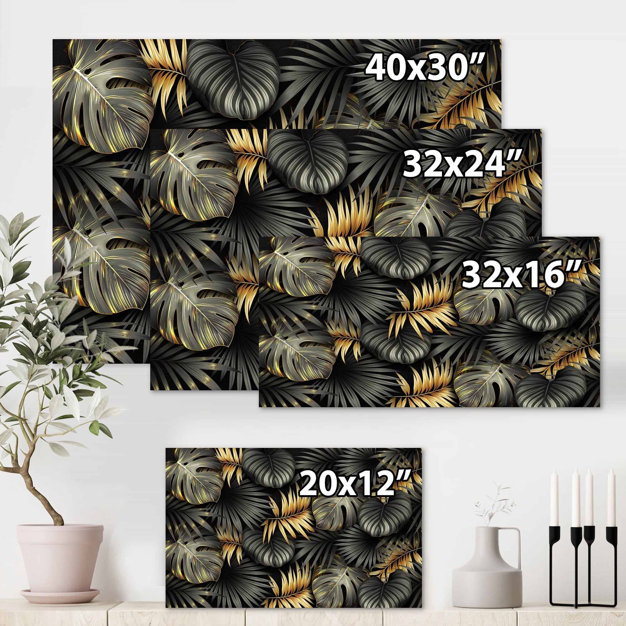 Designart ' Gold and Black Tropical Leaves II ' Modern Canvas Wall Art Print