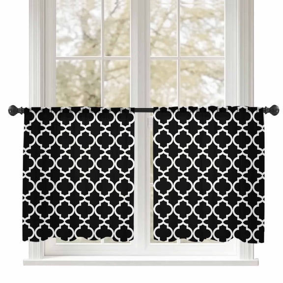 Moroccan Sheer Curtains 54 inches Long, Black Geometric Farmhouse Abstract Modern Light Filtering Sheer Window Curtains Rod Pocket Voile Drapes for Bedroom Living Room, 52"W x 54"L 2 Panels