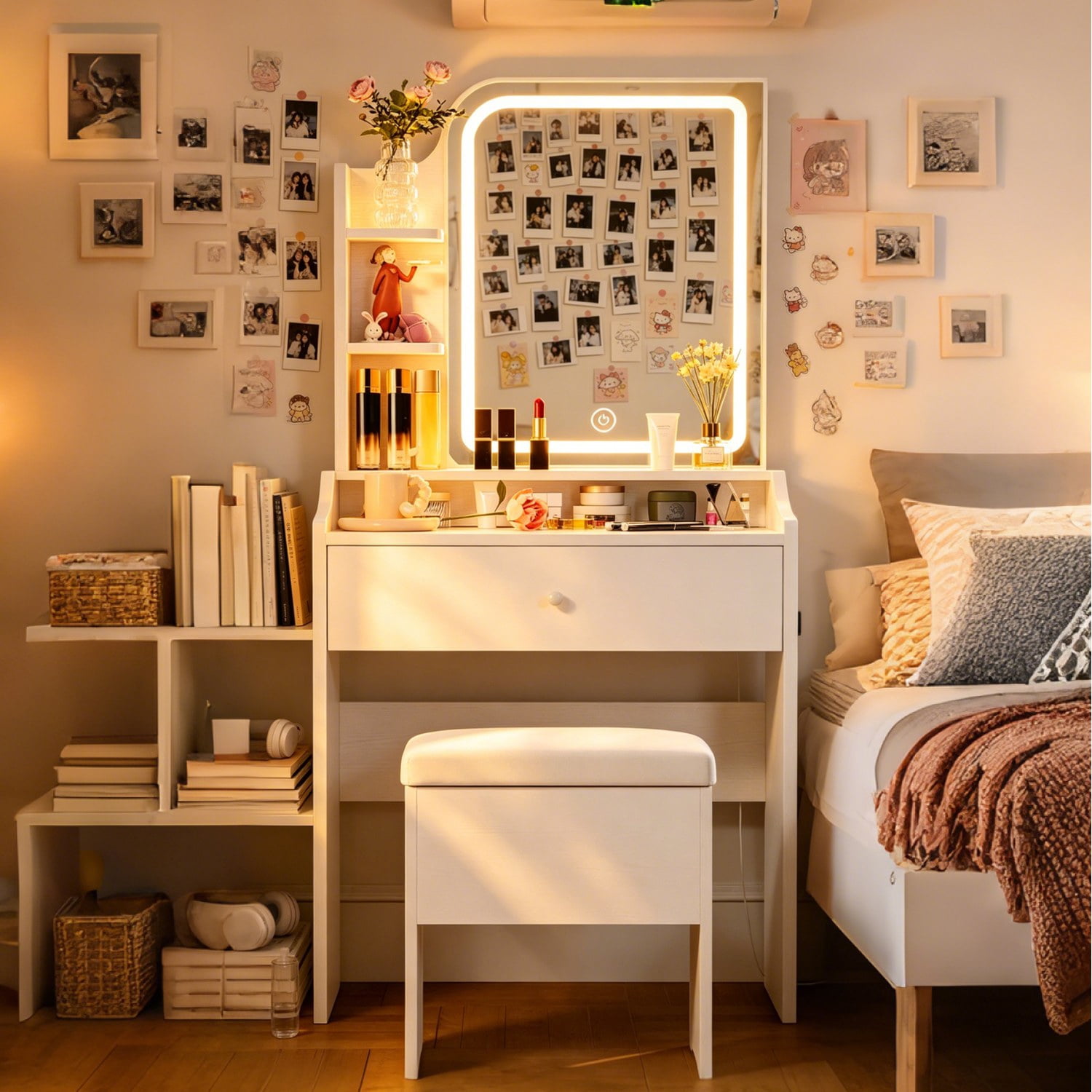 White vanity set includes smart LED mirror, women's bedroom makeup table with storage; suitable for bedrooms, living rooms, dormitories, etc.