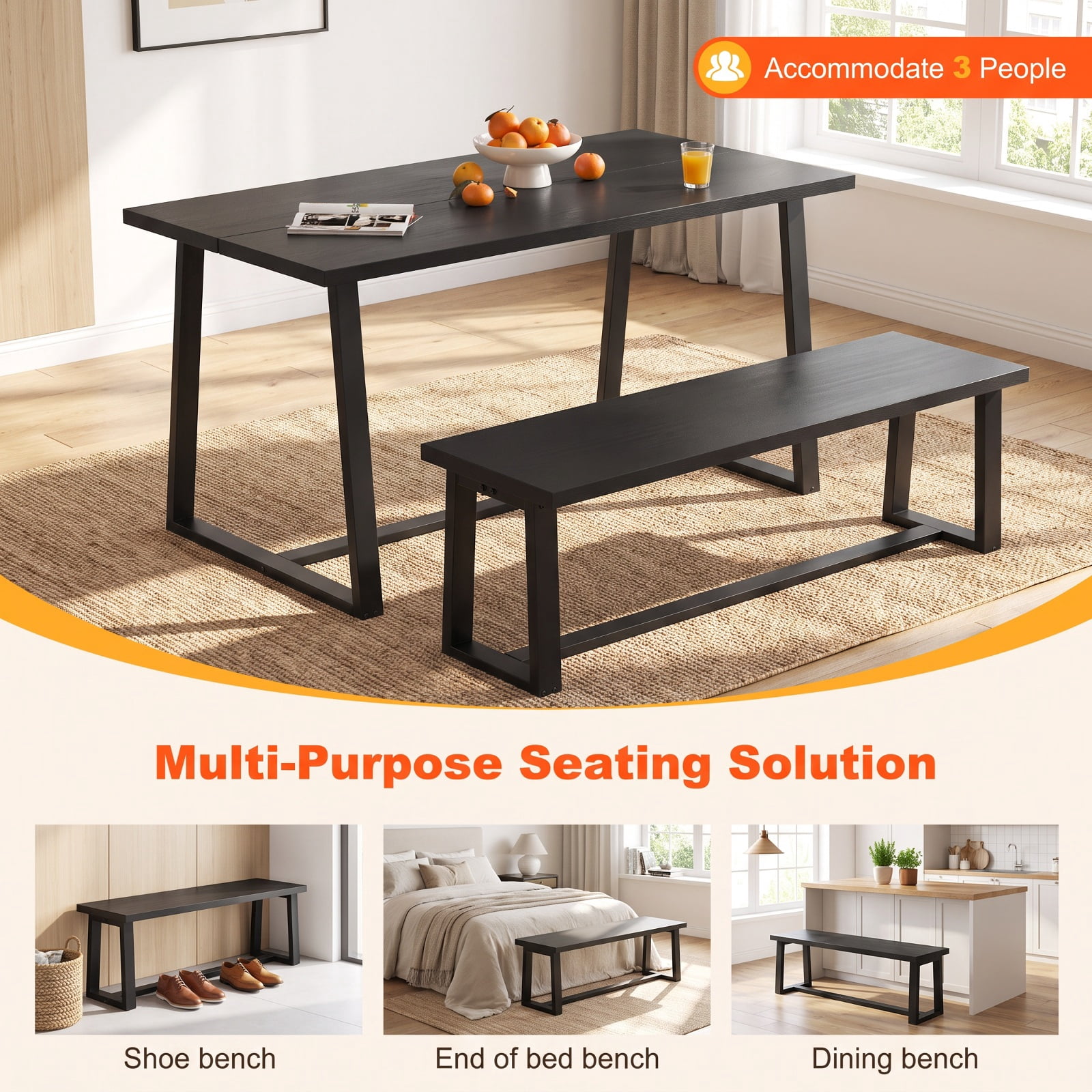 Furnibear 56 Inch Wood Dining Bench with Acacia Wood Seat Metal Frame and Adjustable Footpads for Kitchen Dining Room Entryway Seating, Black