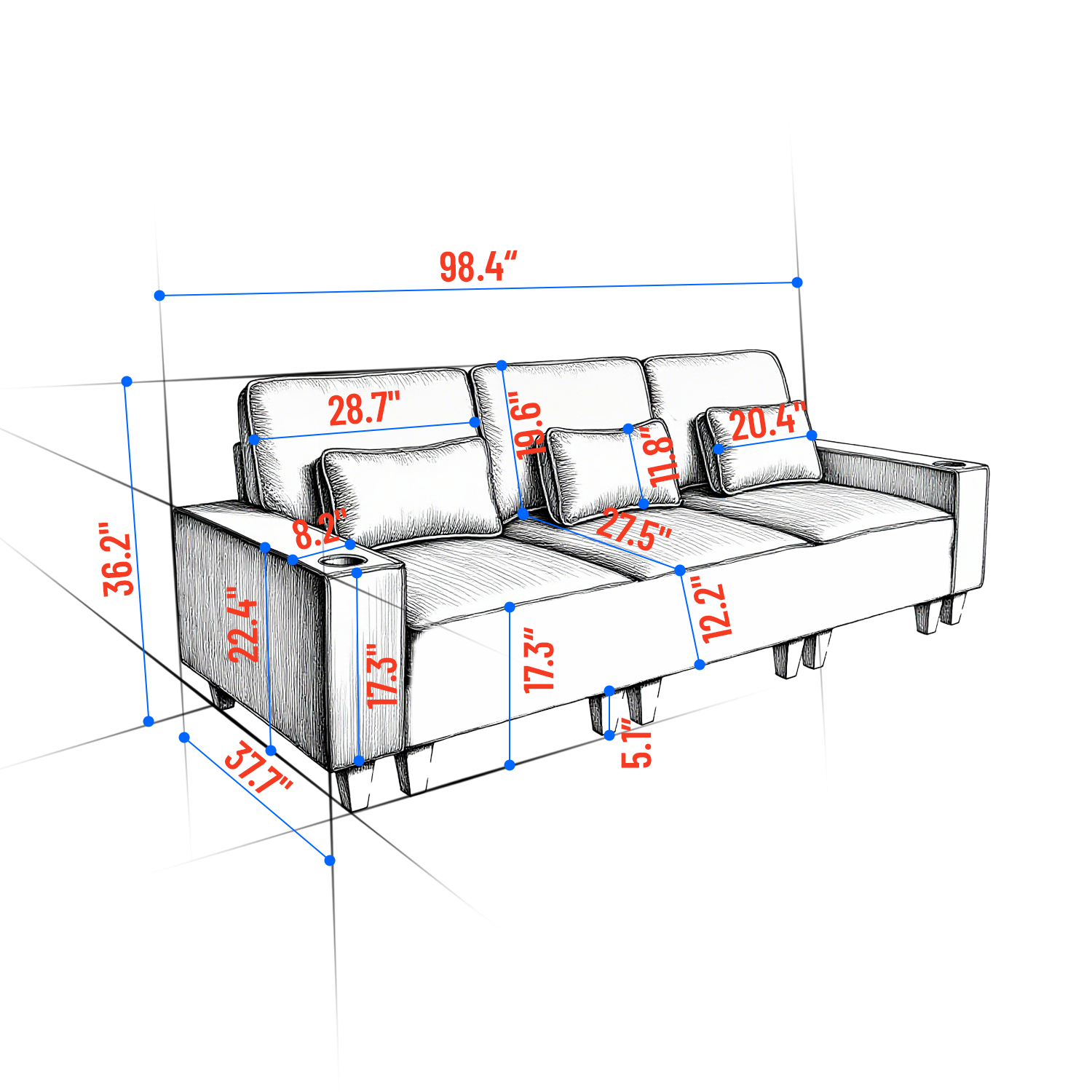 BSHTI Chenille Deep Seat 3-Seater Sofa with Brushed Stainless Steel Cup Holders and 3 Decorative Pillows – Modern Comfortable Couch for Living Room