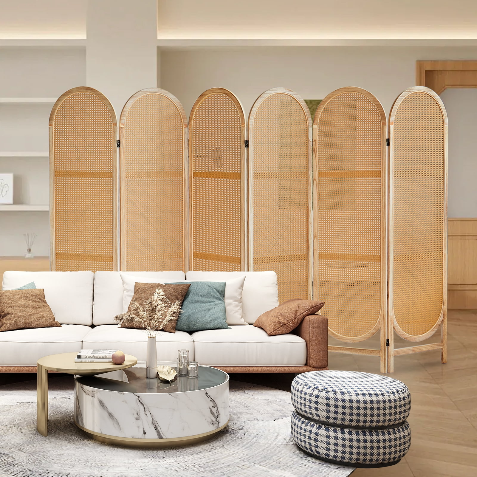 ALeesing 6 Panels Wood Rattan Room Divider, Folding Privacy Screens, No Installation, Light Brown