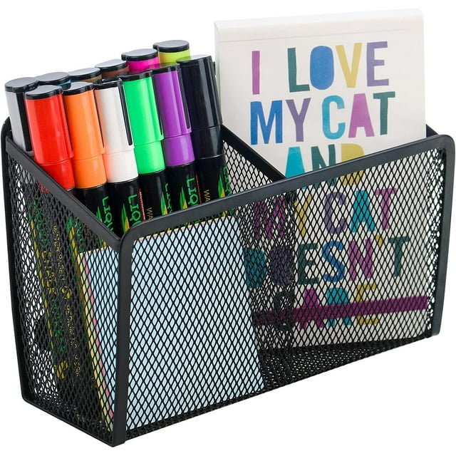 Magnetic Pen Holder - Locker Organizer, 2 Generous Compartments Strong Magnetic Holder for Refrigerator with 8 Magnets, Locker Accessories for School and Work, Black