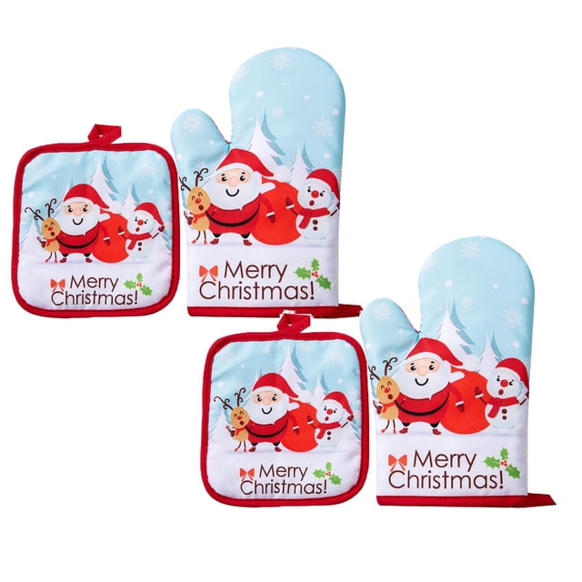 Oleegame 2PC Christmas Baking Heat Gloves Christmas Oven Microwave Gloves Mat Set Cotton Potholder Machine Washable Microwave Oven Mitts Heat Proof Pads For Kitchen Baking