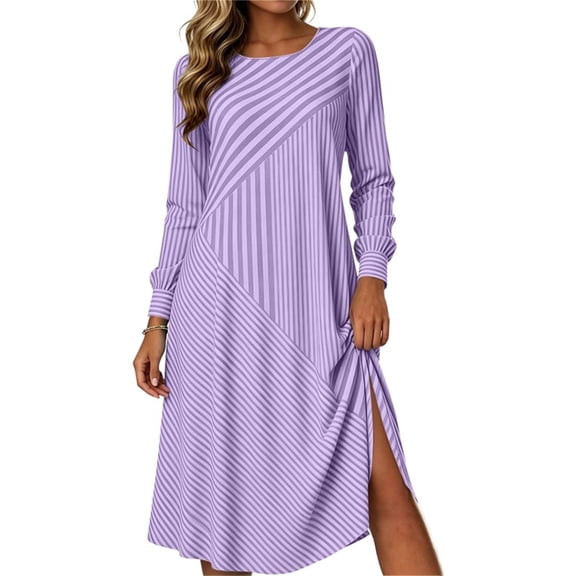 Lnmiateer Women Striped Long Sleeve A Line Midi Dress Loose Lightweight Breathable Summer Fall Work Beach Vacation Outfit