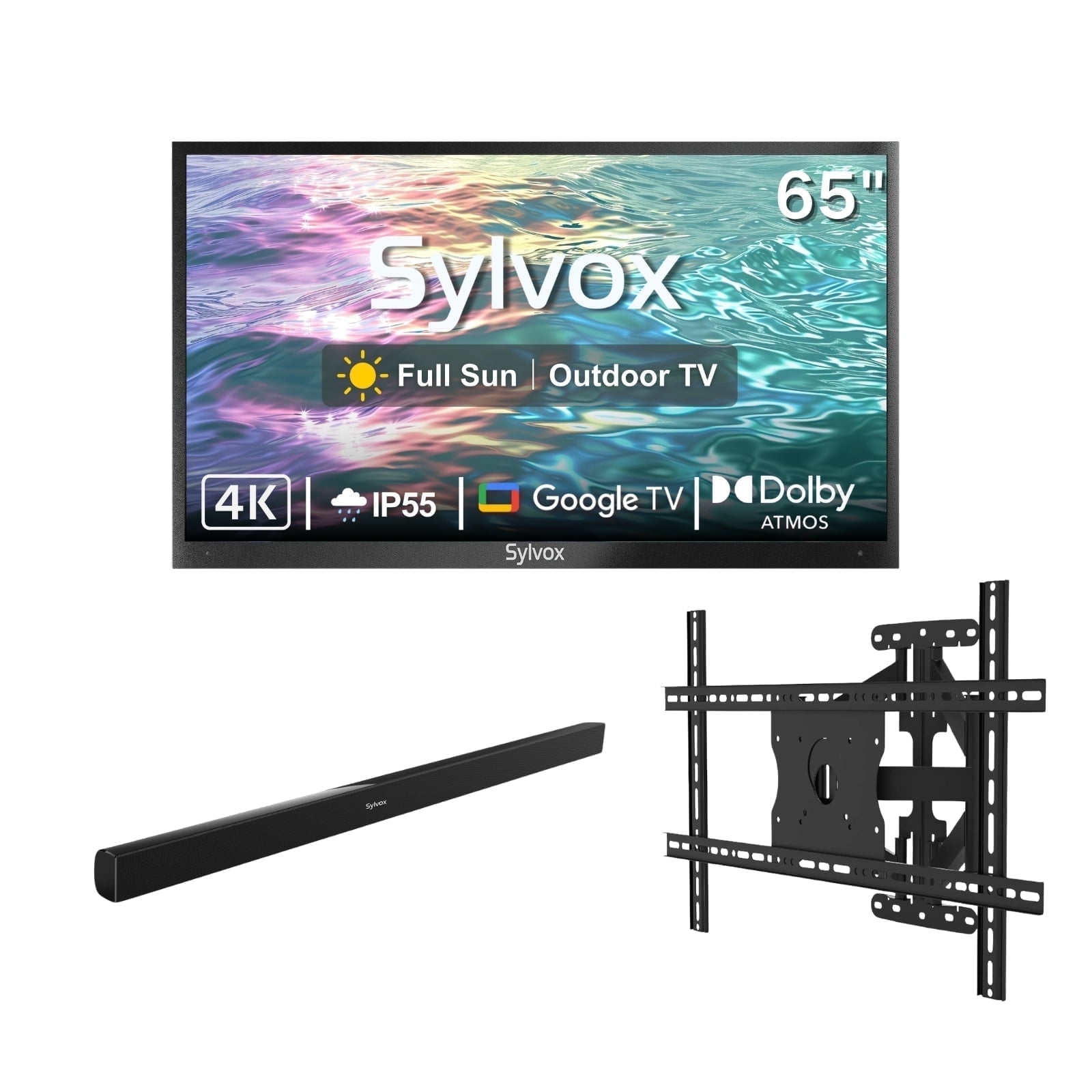 SYLVOX 65" Outdoor TV with Mount & Soundbar, IP55 Weatherproof Television, IP65 Waterproof Speaker, 4K UHD Google TV for Full Sun(Pool Pro 2.0)
