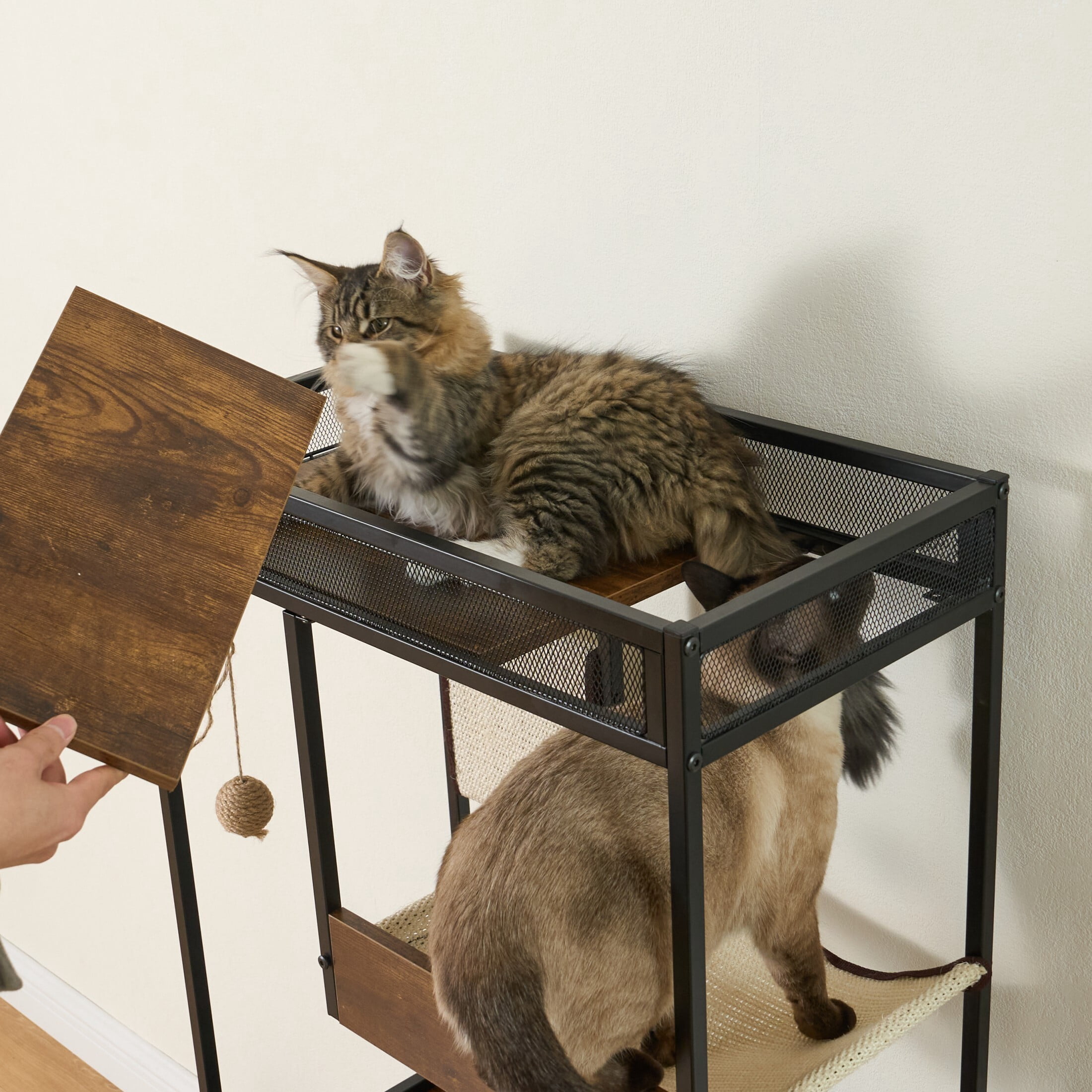 AENKYO 48.03 inch Indoor 4-level Cat Tree with Cat Nest, Cat Tower with 2 Bowls and Scratch Mats, Rustic Oak