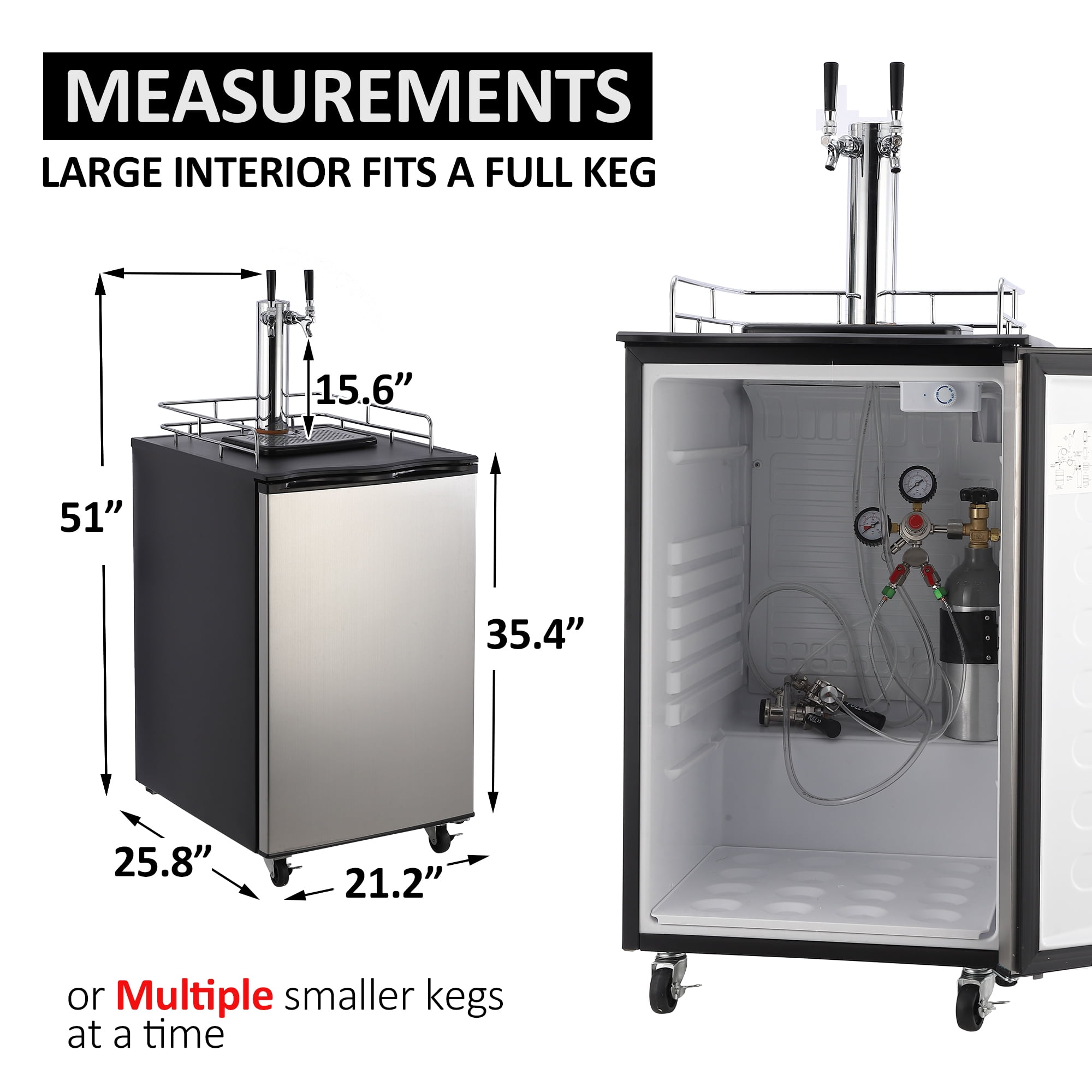 Kselythan Beer Kegerator, Dual Tap Draft Beer Dispenser & Universal Beverage Cooler Full Size Keg Refrigerator With Shelves Stainless Steel Drip Tray & Raill