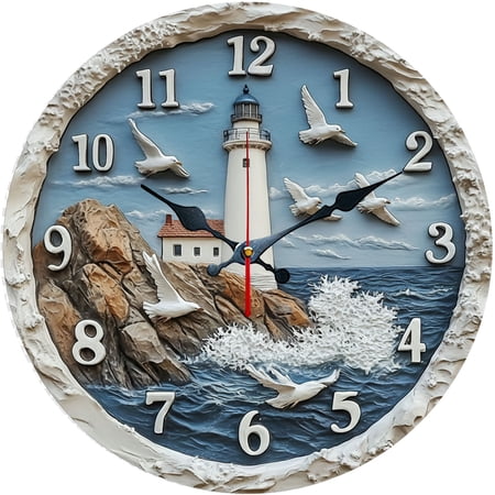 Hoease 10 Inch Silent Wall Clock, 3D Embossed Lighthouse Seagull Decorative Wall Clock, Battery Operated Non-Ticking Round Clock for Living Room Bedroom Bathroom Home Decor