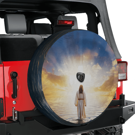 Lotusprinthandmade Jesus on Water Spare Tire Cover With Backup Camera Hole 6 Sizes (28 in.), christian spare tire cover, faith themed tire cover, jesus tire cover