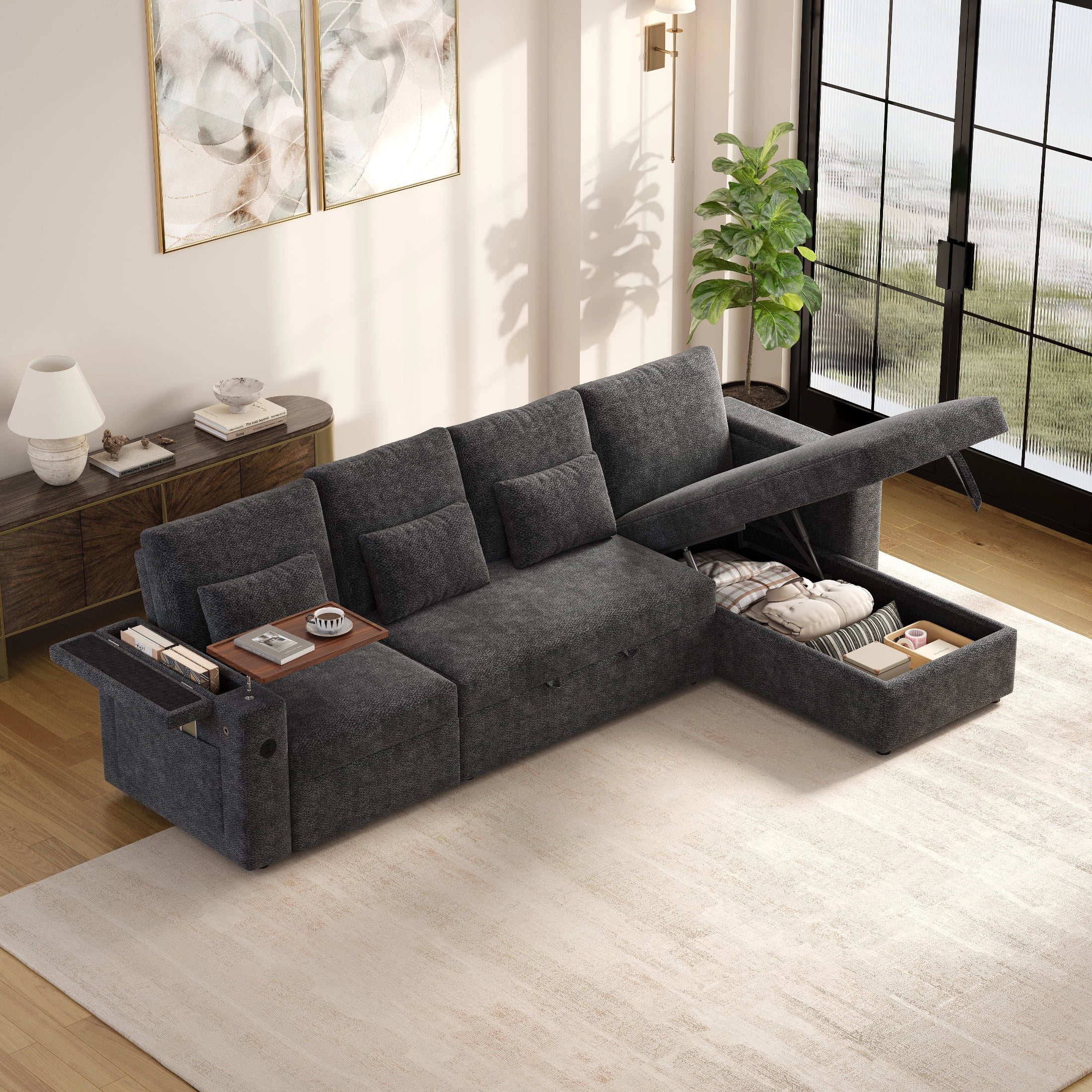 AISWORD 108" 3-in-1 Convertible Pull Out Sofa Bed, 6 Position Adjustable Sleeper Couch with USB Ports, Laptop Table, Cup Holders & Side Storage Pockets, Gray