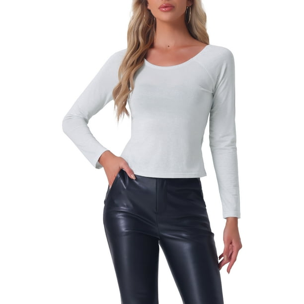 INSPIRE CHIC Women's Off Shoulder Top Long Sleeve Pullover Casual Shirt Blouse Tops Plata XS