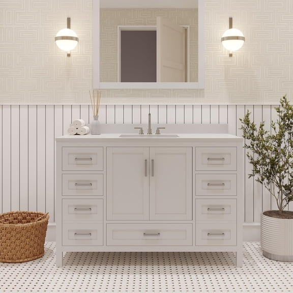 Ayna Decors Rooh 48 Inch White Bathroom Vanity with Sink and Quartz Countertop, 3 Pre-Drilled Faucet Holes, 2 Soft Closing Doors, and 7 Full Extension Drawers, Brushed Nickel Hardware