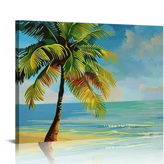 Palm Tree Beach Blue Sky Canvas Print Wall Decor Ready To Hang Home Art Decor 16x12in