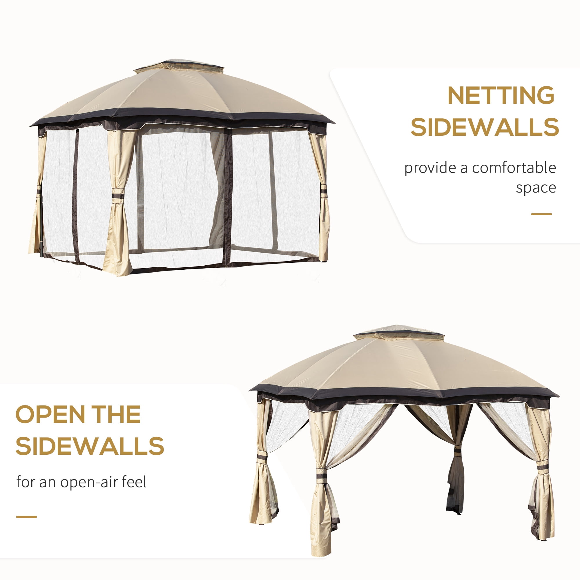 Outsunny 10' x 12' Outdoor Gazebo, Patio Gazebo Canopy Shelter w/Double Vented Roof, Zippered Mesh Sidewalls, Solid Steel Frame, Beige