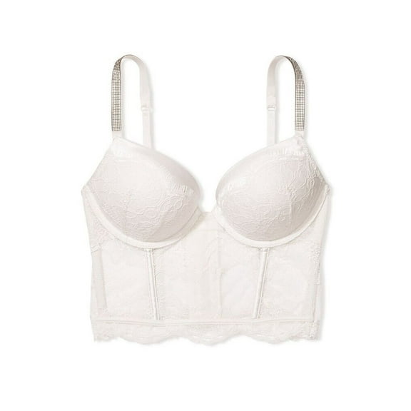 Victoria's Secret Very Sexy Bombshell Push-up Add 2 Cup Size Corset Bra Rhinestone Shine Strap White Lace Cup Size 36D NWT