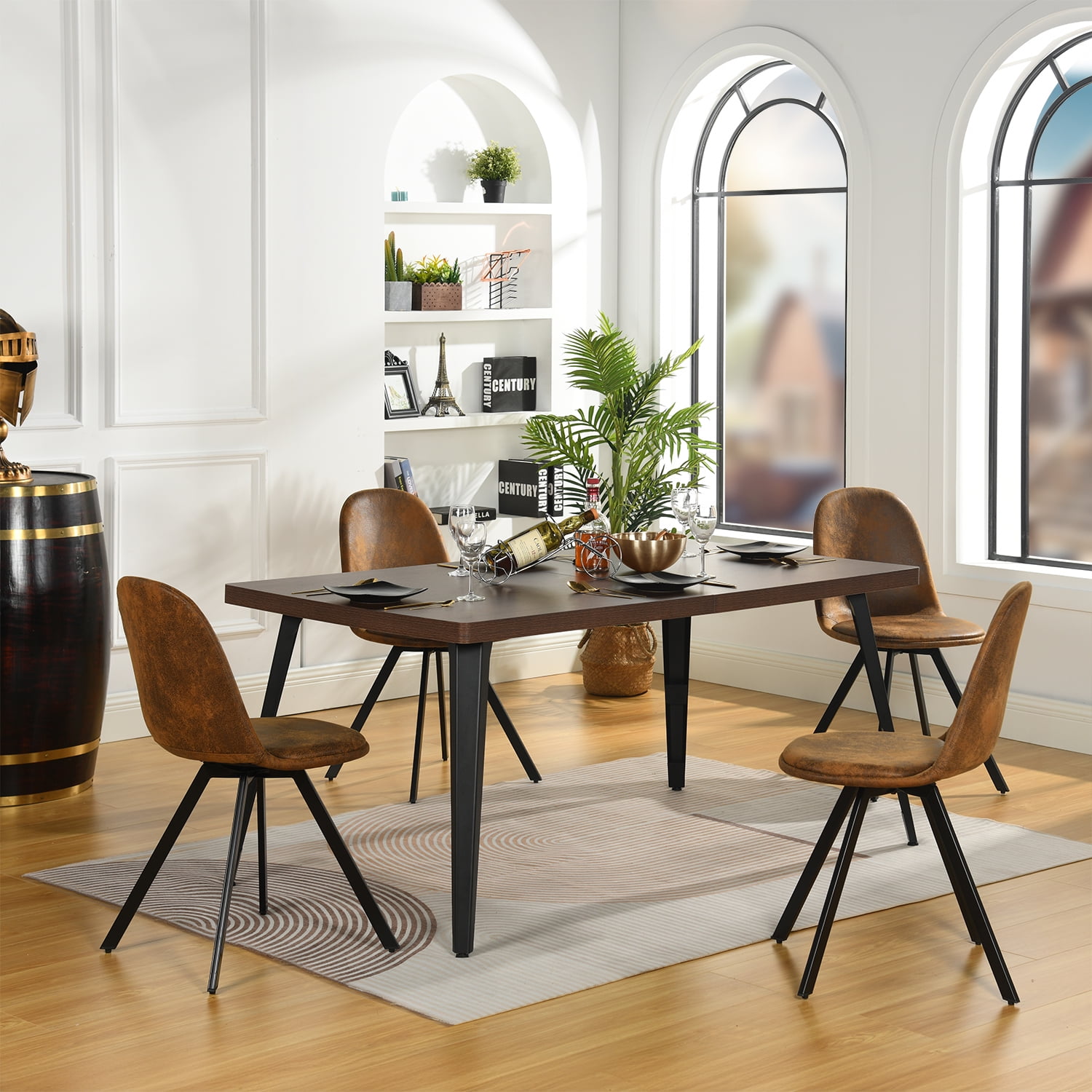 Dining Table for 6, Brown Wood Grain Tabletop Matte Flat Iron Legs, Minimalist Rectangular Table for Dining Room Living Room Office Workstation