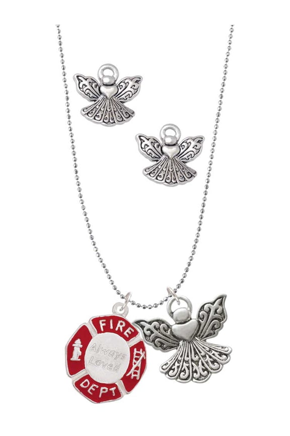 Silvertone Red Always Loved Fire Department Shield Silver tone Guardian Angel Charm Necklace and Stud Earrings