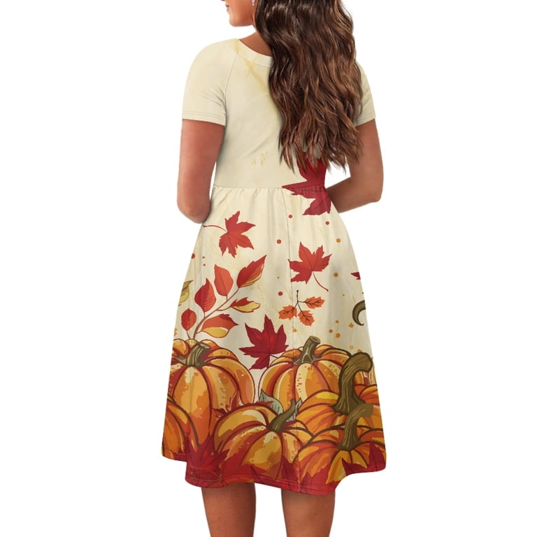 SCRAWLGOD Maple Leaf Pumpkins Dresses for Women Summer Dress with Sleeves  Midi Casual Lightweight Womens Summer Dress Midi Length with Sleeves  Crewneck Size S for Thanksgiving Day - Walmart.com