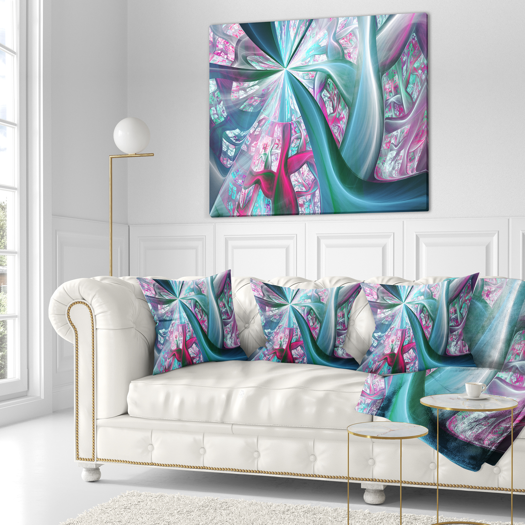 Designart Blue Pink Fractal Plant Stems - Abstract Throw Pillow - 16x16