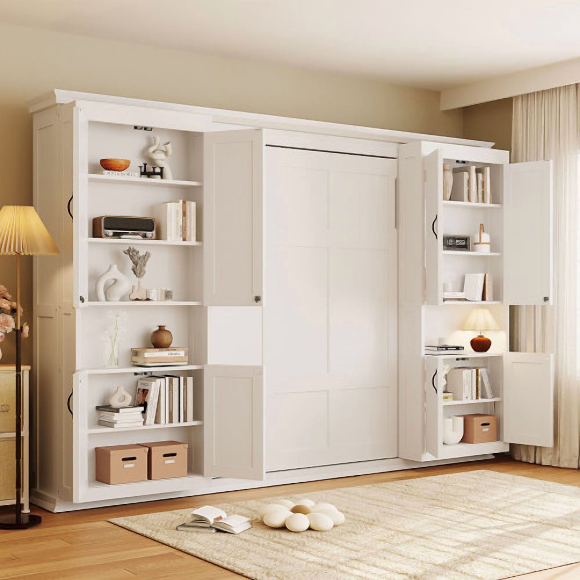 Full-Size Murphy Bed with 2 Sliding Cabinets and 12 Open Shelves, Hydraulic Hidden Wall Bed System, Space-Saving Design for Modern Homes, White