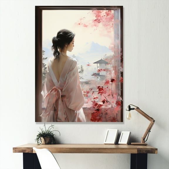 Designart "Japanese Woman in Pink Tree Window View III" Landscapes Canvas Wall Art - Traditional Pink Japan Living Room Canvas Art